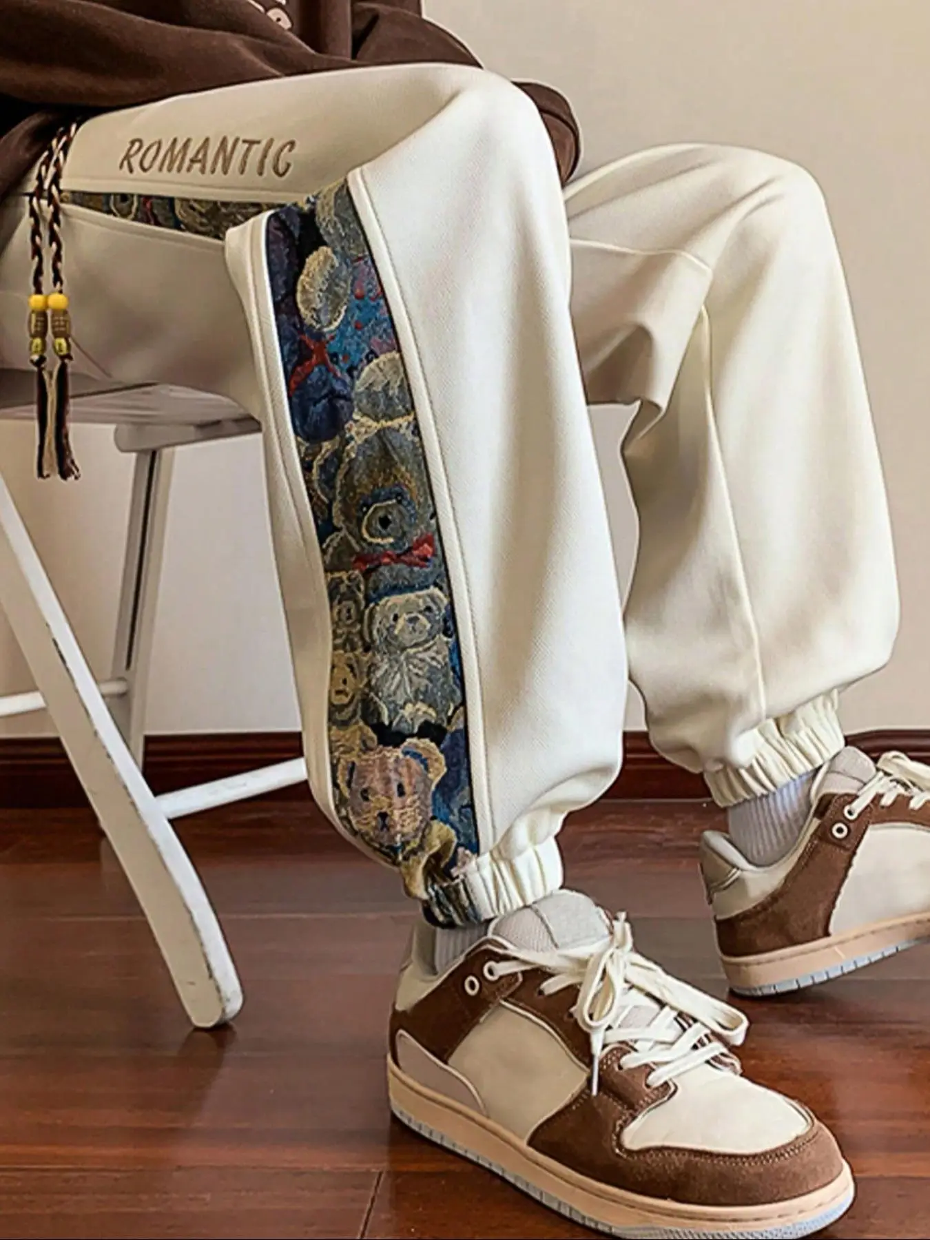 Men's Cartoon Bear Patchwork Print Drawstring Waist Jogger Pants, Casual Regular Fit Pocket Design Trousers for Fall & Winter, Fashion Men's Bottoms f