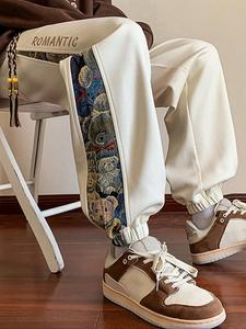 men's cartoon bear patchwork print drawstring waist jogger pants, casual regular fit pocket design trousers for fall & winter, fashion men's bottoms for daily wear, streetwear joggers