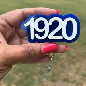 1920 Sorority Badge Reel - Blue and White Logo with Clear Retractable Alligator Clip or Belt Clip for Identification