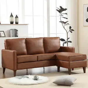 [Back to School]EBELLO Faux Leather L Shaped Couch with Solid Wood Feet, 3-Seater Sofa with Reversible Chaise for Apartment, Sectional Couches for Living Room, Brown