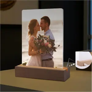 2 Pack 5" x 7" Sublimation LED Blank Heart Shape Acrylic Photo Frame Night Light With Warm Color Light Wood Stand For Heat Press Printing