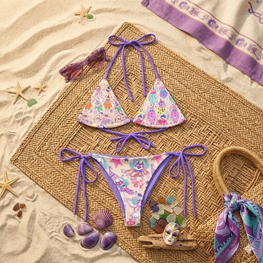 Clowncore String Bikini_ Colorful Circus Print Recycled Swimsuit