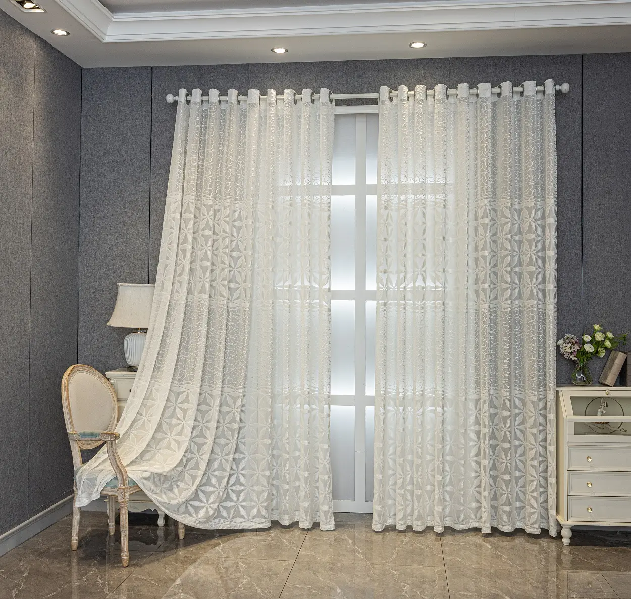 Modern Elegant White Lace Sheer Curtain 2 Panels with Grommet Top for Bedroom Living Room Patio Easy Install Soft Sheer Drapes for Contemporary Home Decor