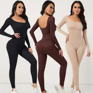 LUXWAY LONG SLEEVE SQUARE NECK FLARE JUMPSUlT,Suitable for fitness, yoga, Breathable,Comfort, Rompers, Casual, Womenswear Fabric Chic Style Slim Day Elastic Everyday Leg,Oversize Women's Ribbed Jumpsuit for Yoga