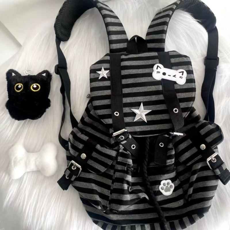 Punk Style Cat Paw Print Bone Star Colorblock Striped Multi Pocket Backpack Fashion Casual Unisex Large Capacity Bag Water Resistant Durable For Commuting School Travel Trendy Backpack