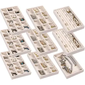 Jewelry Organizer Tray,Stackable Velvet Jewelry Trays,Drawer Inserts Earring Organizer For Women Jewelry Storage Display Case for Rings Stud Necklaces,Set of 9