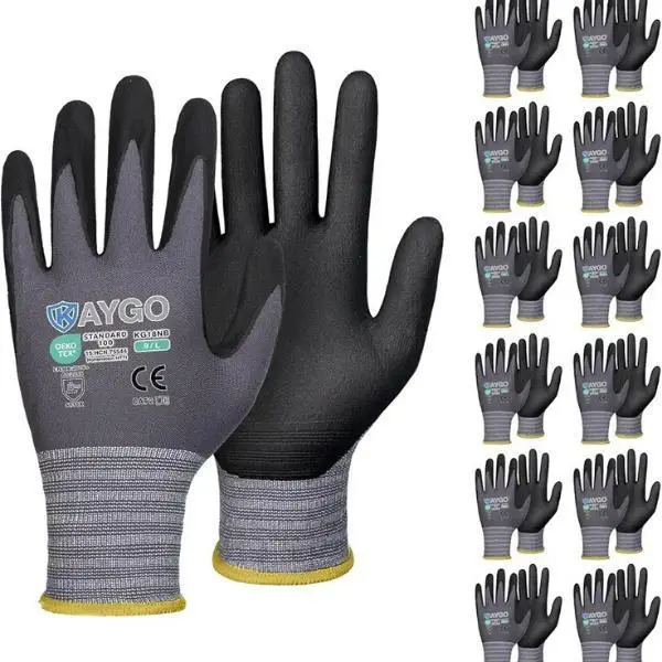 12 Pairs KAYGO KG11PB PU-Coated Safety Work Gloves - CE EN388 Certified, Work Gloves Grip, DIY Projects, Ceiling Grip Design, Polyurethane Coated, Warehouse Workers