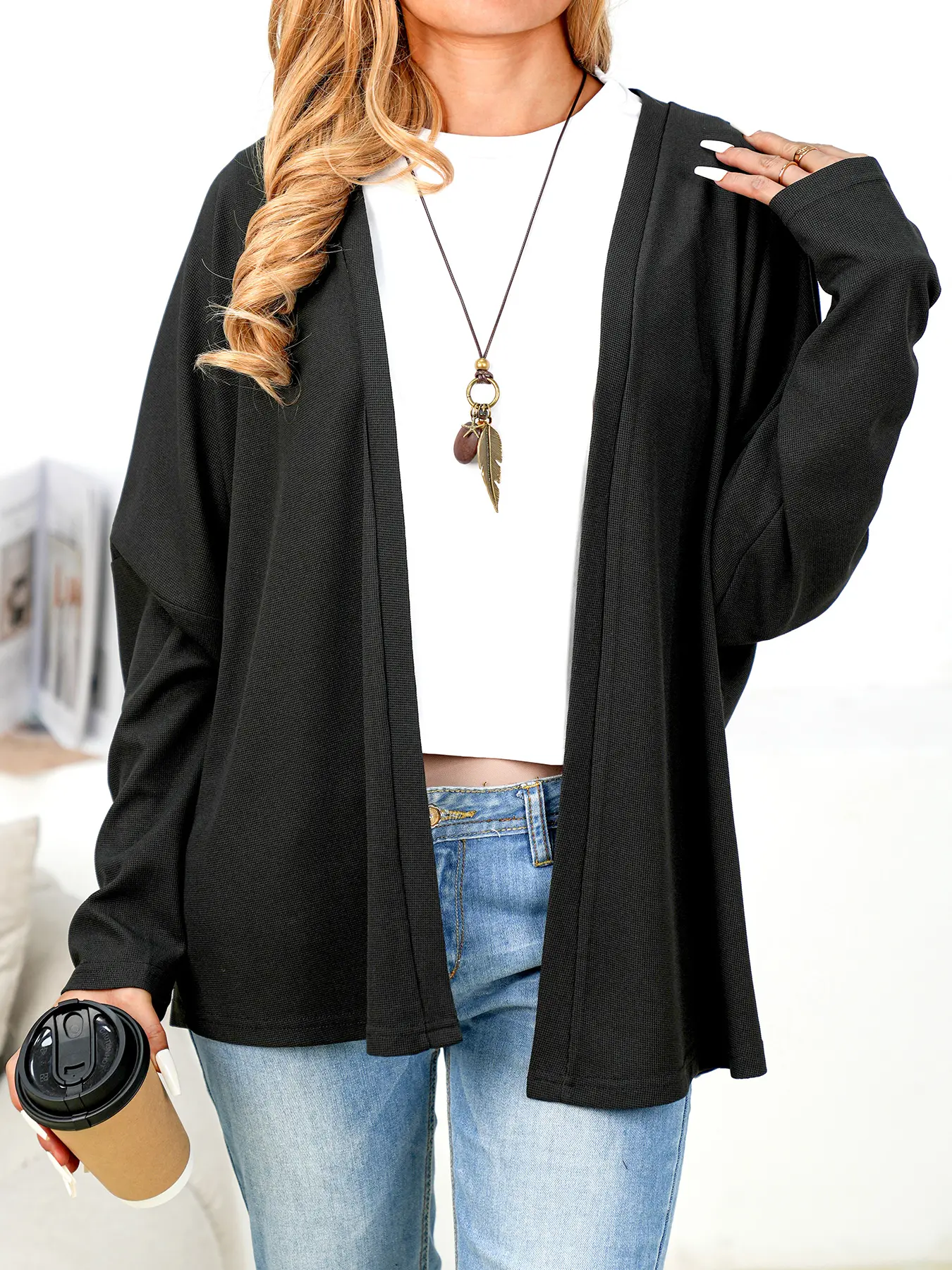 Women's Elegant Casual Drop Shoulder Cardigan, Comfortable Skin-Friendly Fabric, Knitted Waffle Outerwear, Simple Style High-End Top