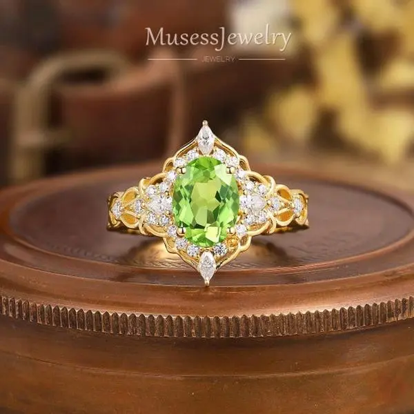 Peridot Engagement Ring, Halo Cluster Design