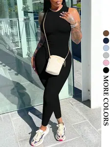 Women's Summer Fashion Sleeveless Skinny Jumpsuit, High Stretch Fitted Round Neck, Casual All-Season, Perfect for Back-To-School and Music Festivals