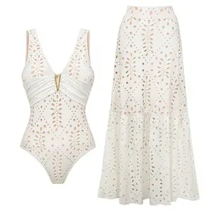 Women's V-neck white laser-cut one-piece swimsuit and matching skirt set, beachwear, swimwear, women's swimsuit, tummy control swimsuit, swim skirt, swimwear, fashionable beachwear# Summer atmosphere and outdoor fun