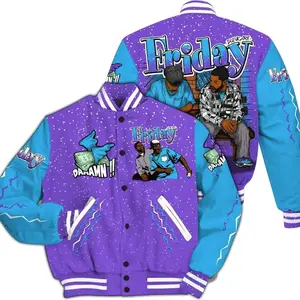 Retro Aqua 8s Varsity Jacket - Friday Movie 90s TV Varsity Jacket Featuring Craig And Smokey Art Damann Flying Money Print With Zig Zag Lightning Bolts Loose Fit Casual Baseball Jacket For Men And Women