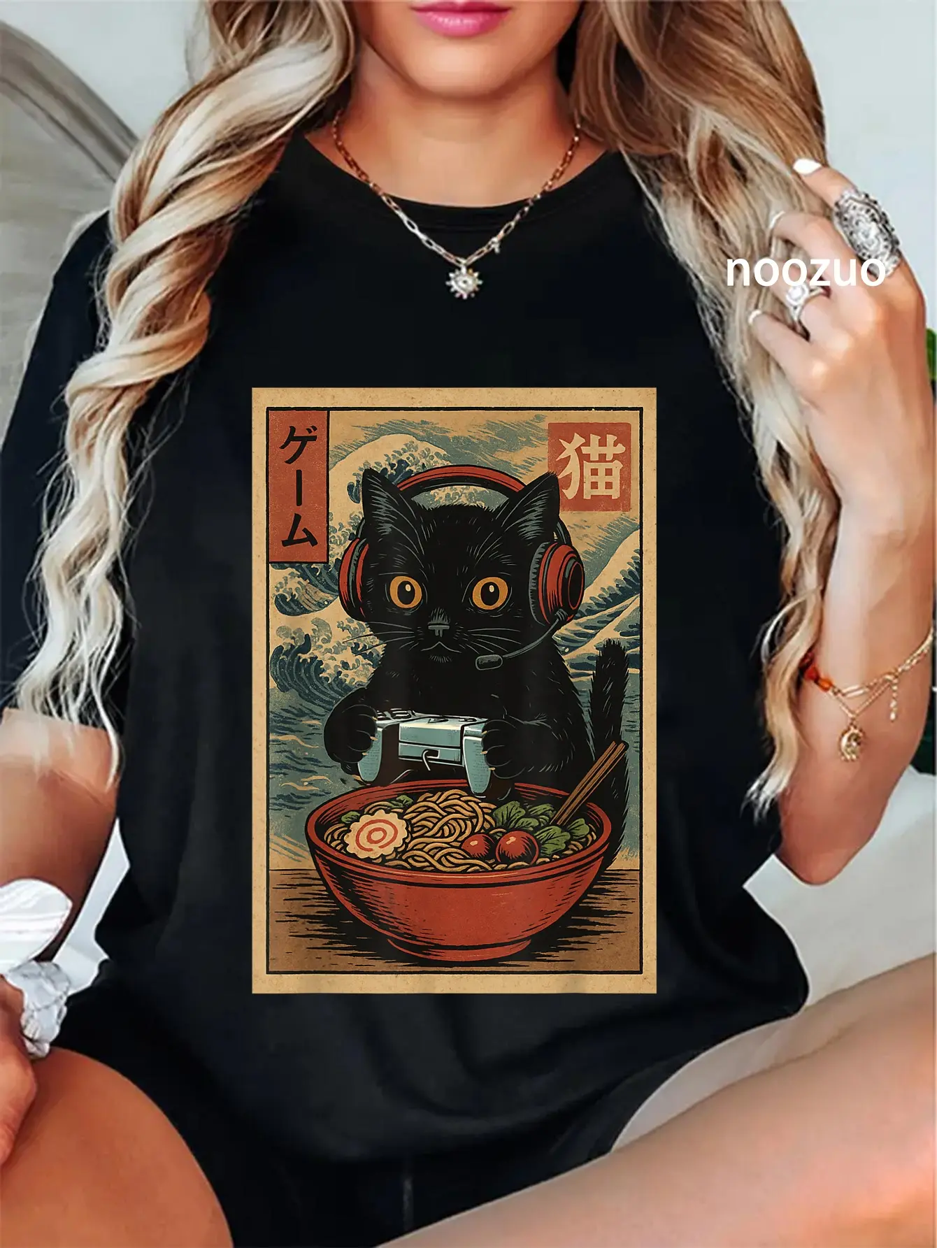 100% Cotton Cute Kawaii Gamer Cat Funny Ramen Retro Japanese Cat Gaming T-Shirt