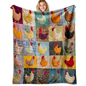Funny Vintage Chicken Print Flannel Throw Blanket, Soft Polyester Fiber, All Seasons Use, Perfect for Sofa Bed Office Camping Travel Gift