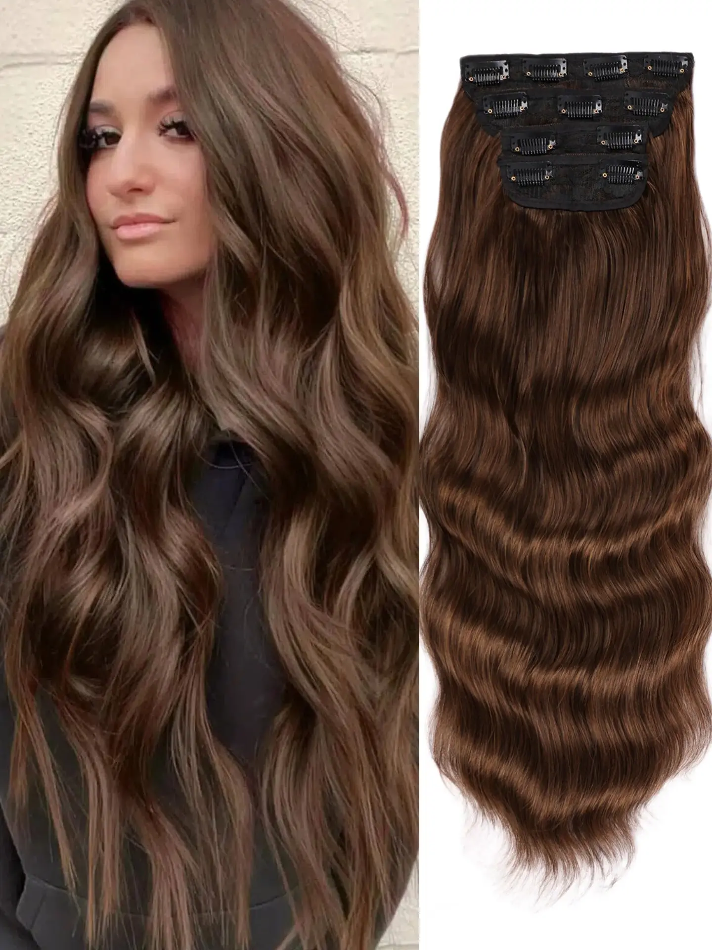 24 Inch Long Wavy Clip-In Hair Extensions, 4pcs Thick Chocolate Fibers, Soft Premium Synthetic Hair, Double Weft Natural Synthetic Hair Pieces for Women, Synthetic Hairpieces