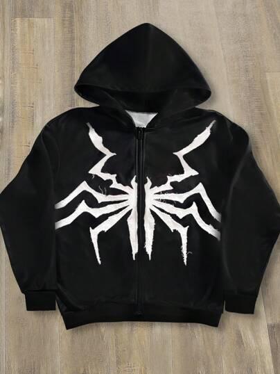 American Gothic Spider Patch Cloth Embroidered Hoodie Y2K Zipper Design High Men's & Women's Sweatshirt Tops Streetwear Menswear Long Sleeve Casual Oversize Baggy Loose Pullover Black Oversized Graphic Print