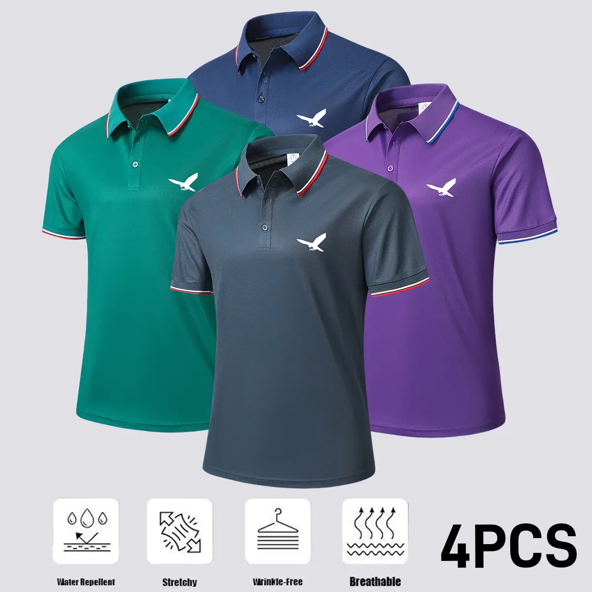 Set of 4 men’s polo shirts—soft, breathable short sleeves suitable for golf, badminton, outdoor cycling, and everyday casual wear; men’s short-sleeve summer apparel.