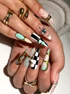 [FLASH SALE 50%] Gilded Luxury Colorful Press On Nails  Eye Art Gold Ring Nails  Handmade Nude Stiletto Nail Art  Luxury Statement Press Ons