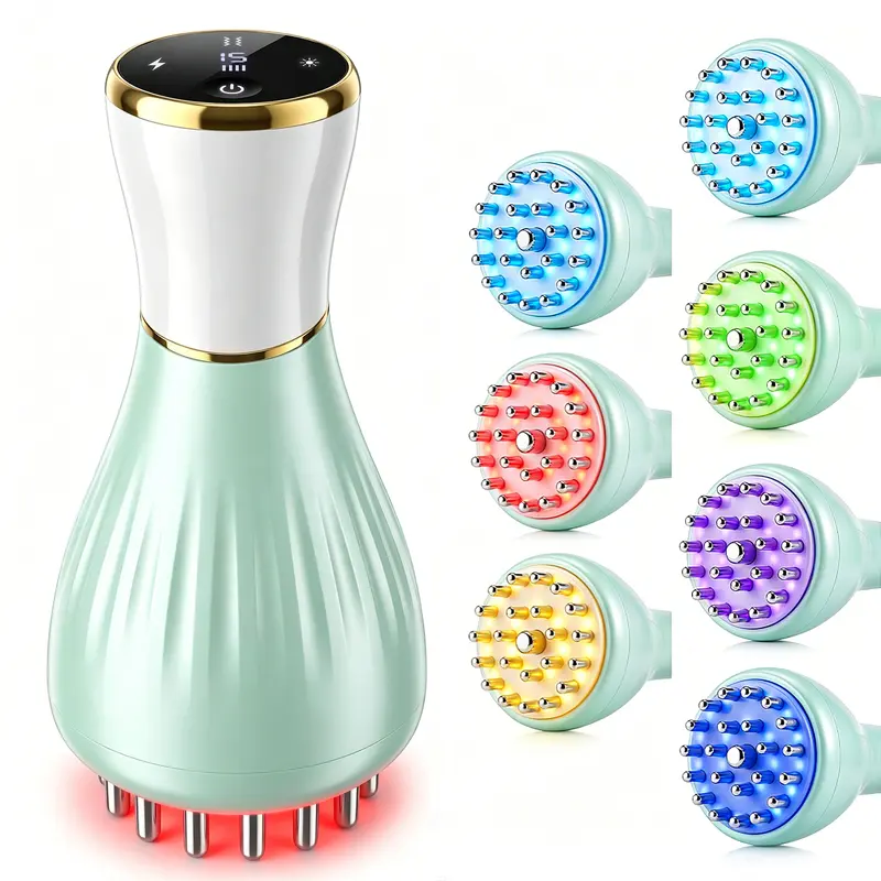 Handheld Electric Muscle Massager - 7 Color LED Light Therapy, Microcurrent, Heat Function, Metal Prongs, Adjustable Built-In Batteries, Relaxation Aid for Body Care (Waist, Legs, Arms)