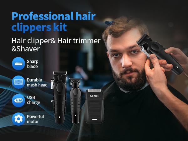 KEMEI Professional Hair Clippers for Men, Cordless Complete Barber Clipper T-Blade Trimmer Foil Shaver Set, Electric Hair Cutting Full Kit with 11 Guide Comes, USB Fast Rechargeable