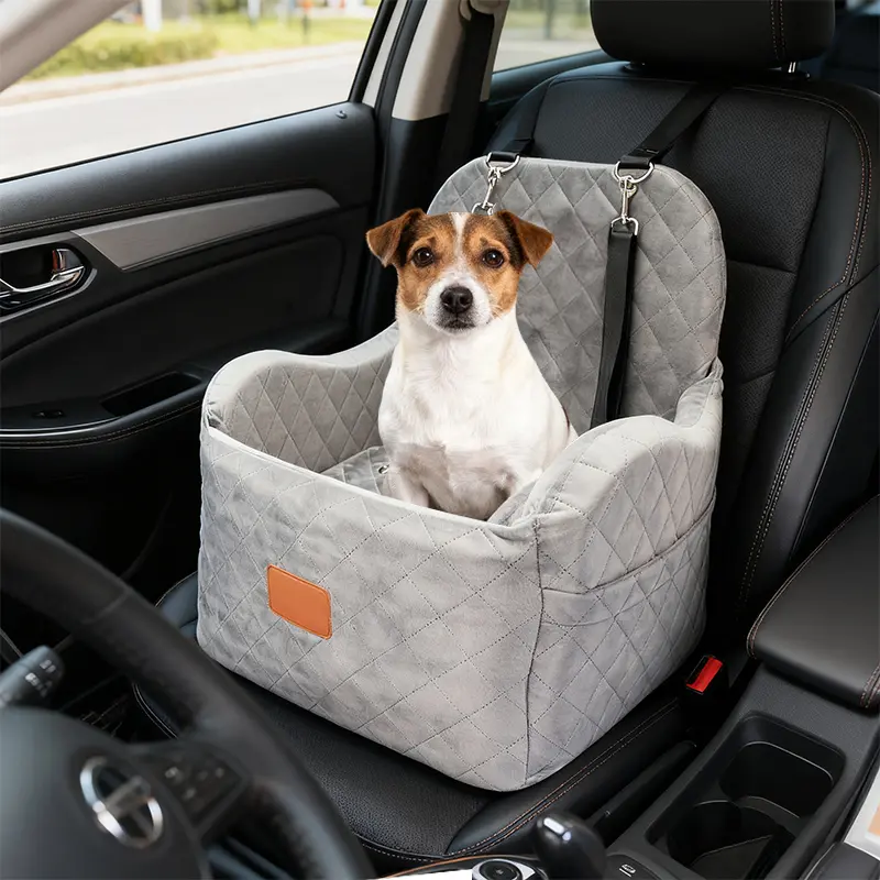 Portable Washable Dog Car Booster Seat Anti-Slip Soft Pet Travel Bed with Safety Belt for Small Medium Dogs Cats
