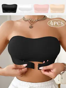 4 Pack Women's Strapless Push Up Bra Non-slip Front Closure Convertible Straps Seamless Invisible Bandeau Bra