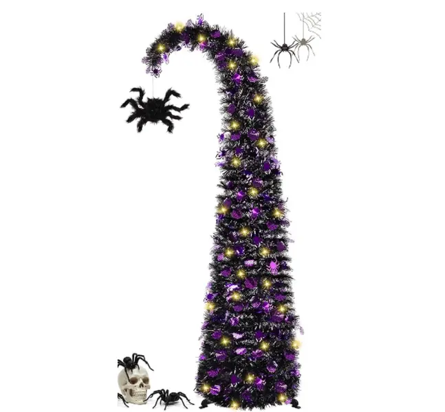 5FT Curved Halloween Pop Up Christmas Tree with Spider Pendant and Lights | Curved Top, Spider Pendant, 120 Warm LEDs, Black PVC Tinsel, 8 Modes, 6H Timer, Ideal for Apartment, Porch and Corner Decor