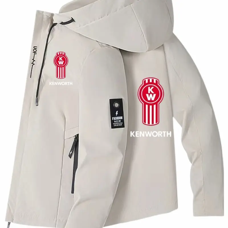 Kenworth Kw Logo Windbreaker Jacket, Fashion Jacket, Casual Slim-Fit Flying Jacket for Truck Drivers, Outdoor Commute Hooded Coat, All-Season Wear