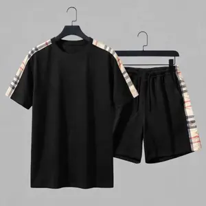 Men’s color-block crew-neck short-sleeve T-shirt and drawstring elastic-waist shorts set, color-block plaid and striped series set