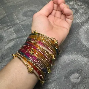 Glass Bangles Set 12pcs with 4pcs Kashmiri Gugru Bangles Vibrant Colors for Festive Wear size 2.8” Perfect for Celebrations and Parties