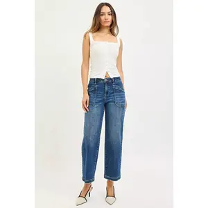 RISEN Slouchy Cropped Baggy Jeans with Front Patch Pocket