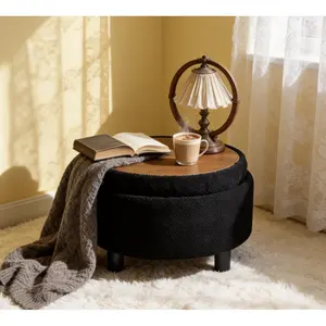 ModernTufted Fabric Circle Coffee Table with Storage,25Inch Round Storage Ottoman with Tray, Upholstered  Ottoman with Removable Top for Living Room, Bedroom,Black outdoorfun