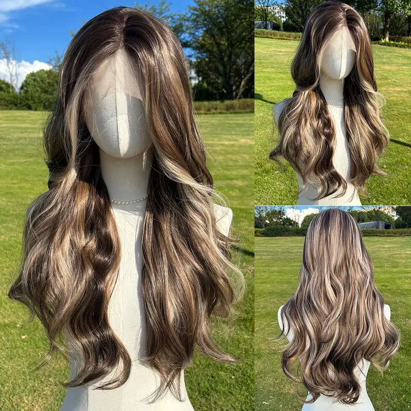 SMILCO 28'' Ombre Brown Blonde Mixed Highlight Body Wave SM9711 Heat Resistant Long Lasting Lace Front Wig with Mesh Cap for Comfortable Fit