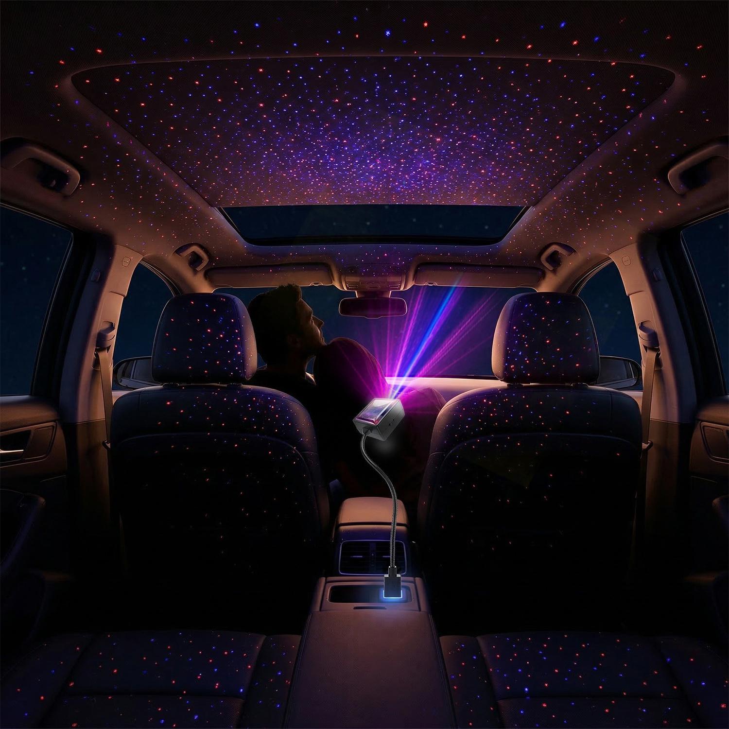 Car Roof Star Night Light, USB Romantic Ceiling Projector Light with Sound Activated Strobe & Auto Rotating, Adjustable Neon Accent Light for Car, Bedroom & Party