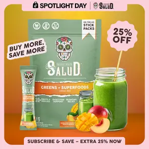 Salud 2-in-1 [Greens + Superfoods – Peach Mango] Daily Greens Drink Mix, Agua Fresca, Gut Health & Bloating Support, Probiotics & Prebiotics, Vegan, Non-GMO, Easy-to-Drink Greens Powder (15 Servings)