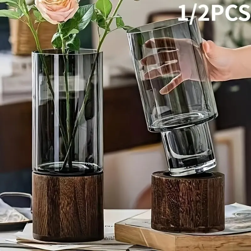 Luxury Glass Vase with Wooden Base, Large Transparent Flower Vase for Home Decor, Wide Mouth Design for Fresh Flowers, Ideal for Water Cultivation, Decorative Vase, Vases for Flowers