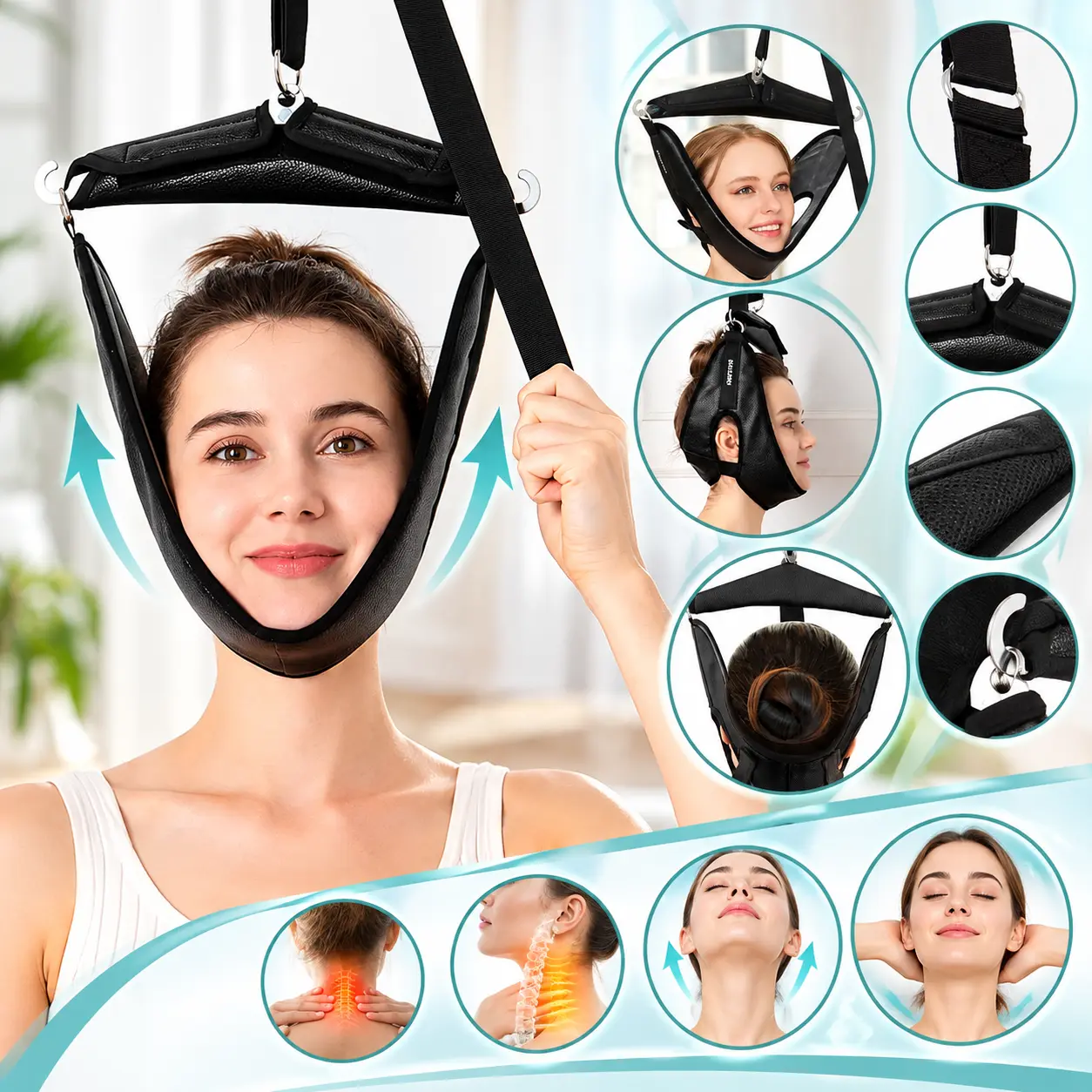 Neck Stretcher Cervical Traction Device for Home Use, Over The Door Neck Traction Kit with Adjustable Strap, Portable Neck Stretching Device for Neck Decompression, Neck Support & Relaxation, Home Physical Therapy Equipment