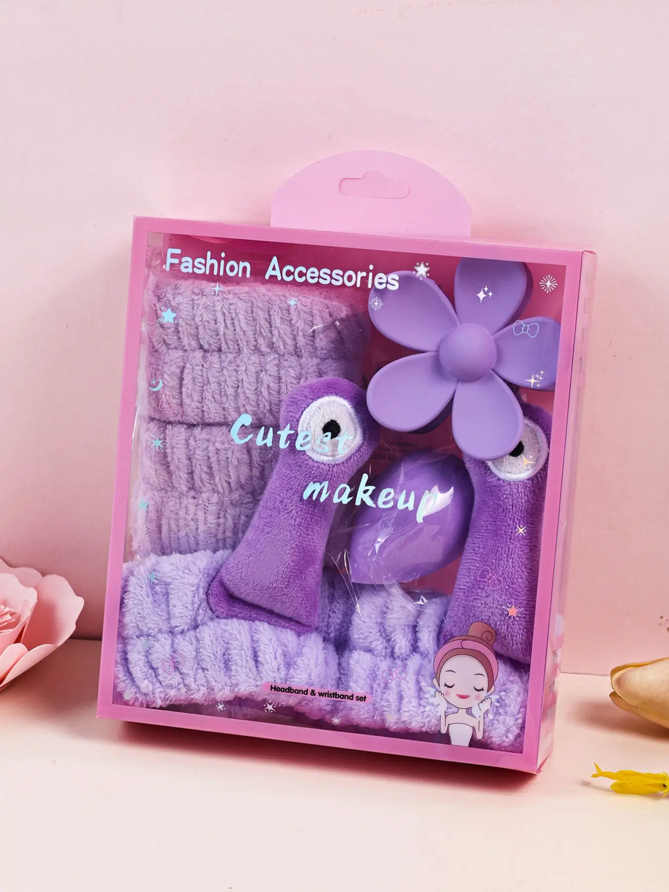 5-piece New Plush Snail Girl Sponge Spa Headband Wristband with Hair Claw Clip, Hair Accessory Set with Gift Box, Suitable for Party Gifts and Daily Use, Washing Face, Spa, Bathing, Makeup, Gift Set Purple Color