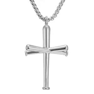 2024 New Men's Sports Baseball Stick Necklace Stainless Steel Sports Trend Cross Pendant Hip Hop Accessories