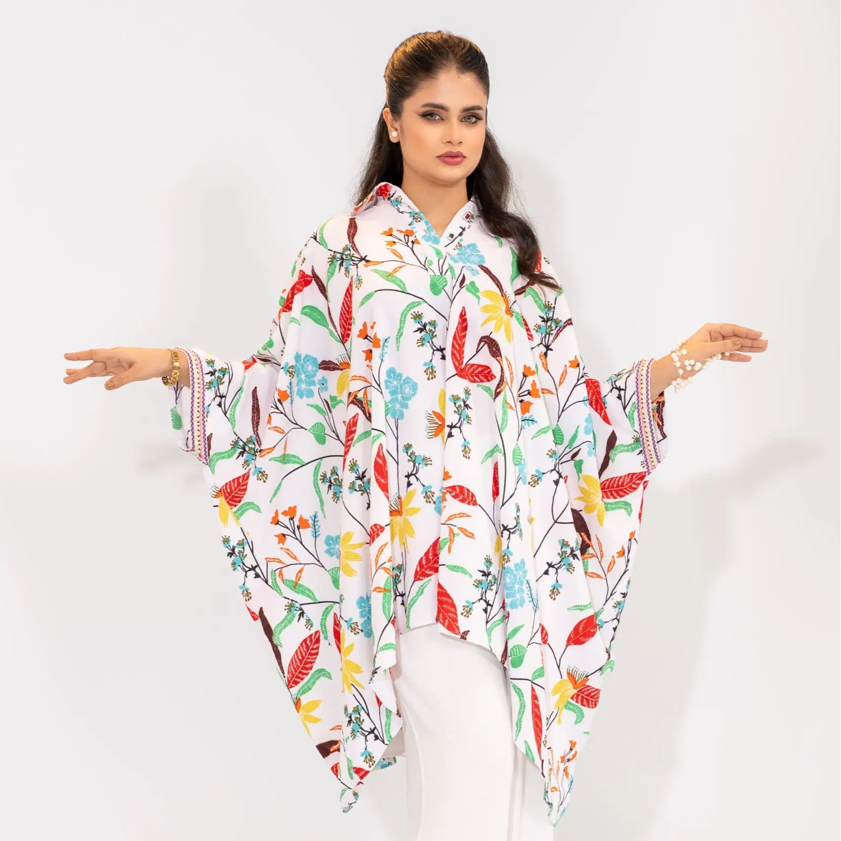 Goddess Flow Kaftan Top - White with Colorful Floral Print for Women's Fashion All Seasons Versatile & Elegant