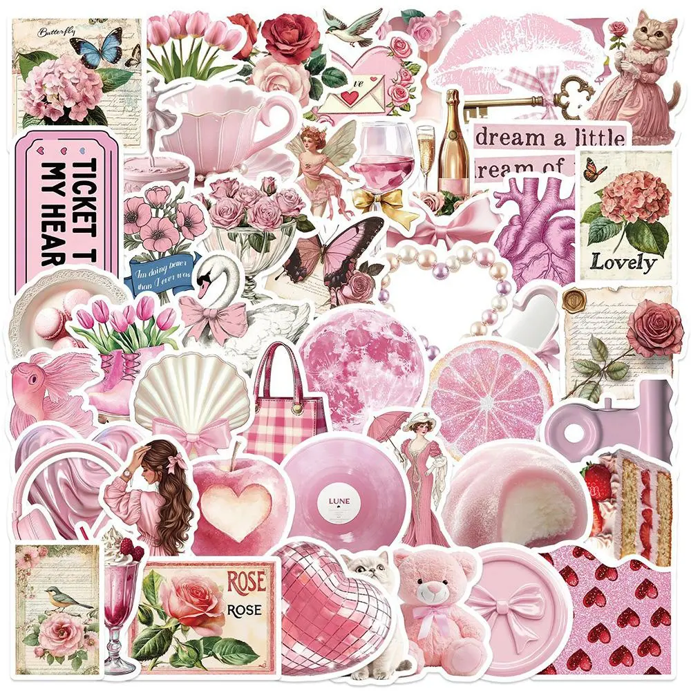 Pink Aesthetic Series Sticker, 50pcs/set Scrapbook & Journal Making Material Paper, DIY Decorative Sticker for Stationery & Computer & Water Bottle, Floral Pattern Sticker, Scrapbooking, Sticker Sheets, Aesthetic Stickers