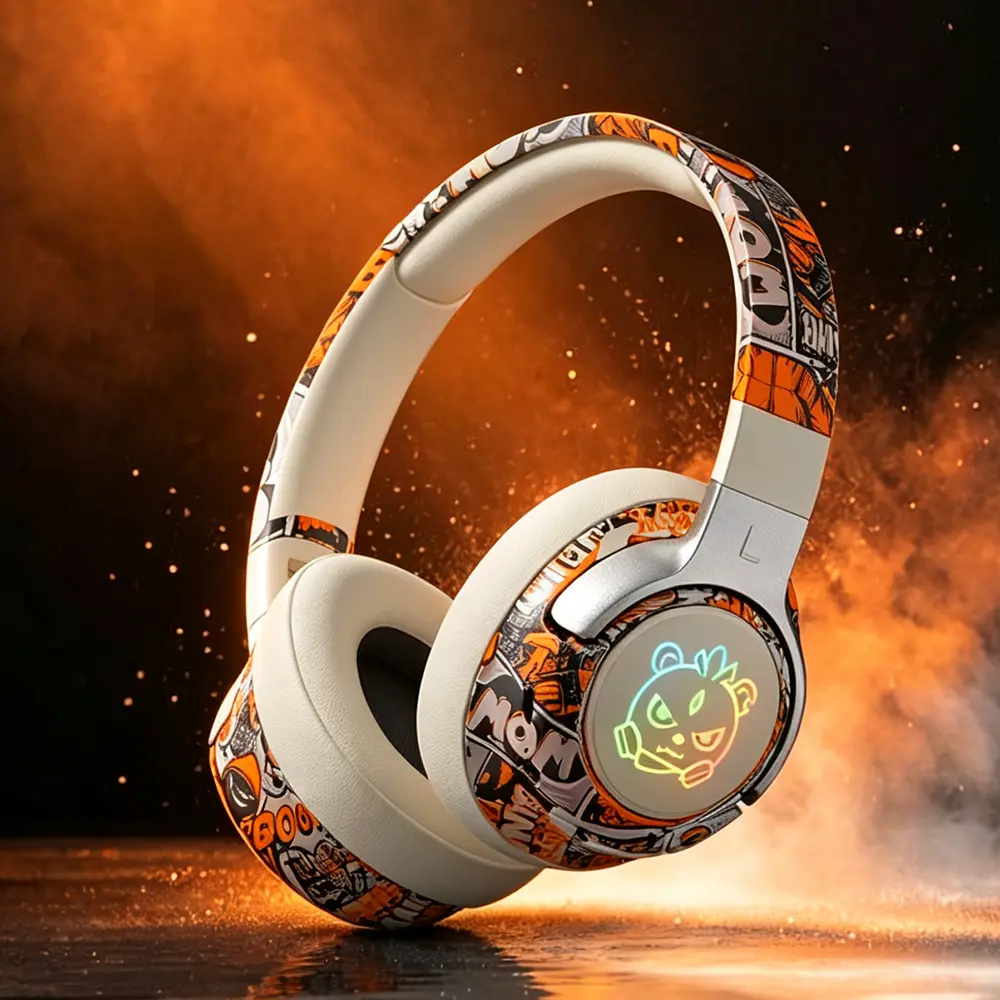 Cool Graffiti Gaming Over-Ear Bluetooth Headphones, RGB Light Effects, 350mAh Battery Long Playtime, Stereo Sound Soft Earmuffs, Type-C Charging Portable Headset for Gamers Music Sports PC Phone