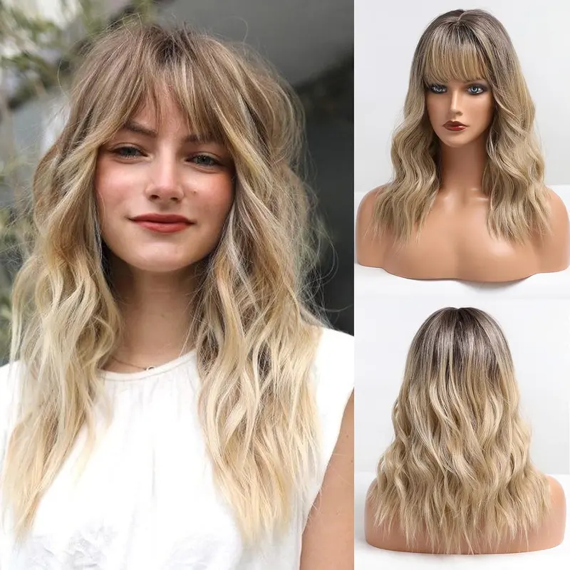 Honey Blonde 22 Inches Wave Bob Wig Mixed Blonde Shoulder Length Curly Brown Synthetic Wig with Bangs for Women Party Daily Use