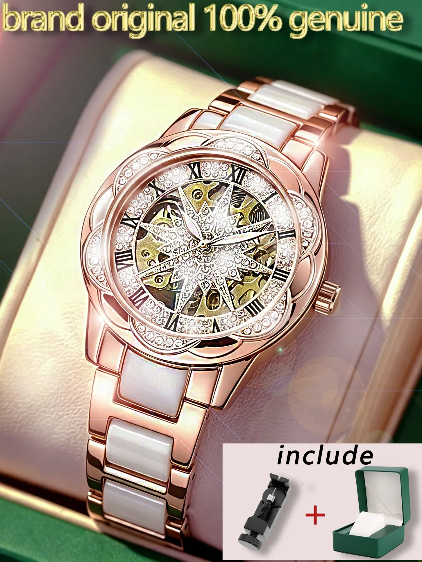 Luxury Waterproof Mechanical Watch, Ceramic & Alloy, Night Glow, Transparent Dial, Elegant Lady Watch Gift Set, Mother's Day Present, Stainless Steel Wristwatch
