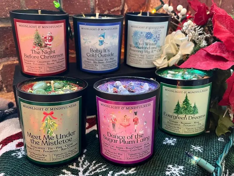 Holidays Soy Wax Crystal Candles, Christmas Collection, Vegan, Nontoxic, Hand-Poured, Sparkly Winter Scents, Unique Gifts, Fir, Pine