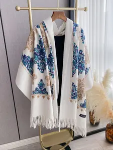 Boho Winter Scarf Unisex, Fashionable Paisley Print Shawl, Fringe Trim Shawl, Boho Style Shawl, Embroidered Scarf, Long Fringe Floral Embroidery, Casual Fitted Woven Fabric, Fall & Winter Wear