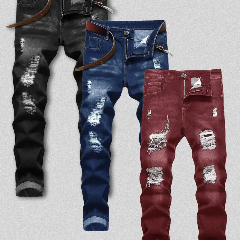 2026 New Men's Slim Fit Explosive Ripped Jeans 3 Pack Classic Versatile 5 Pocket Design