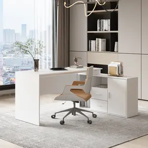 FUFU&GAGA  Home Office Computer Desk Corner Desk with 2 Drawers and 2 Open Cubes, 55" Large L-Shaped Study Writing Table with Storage Cabinet, White