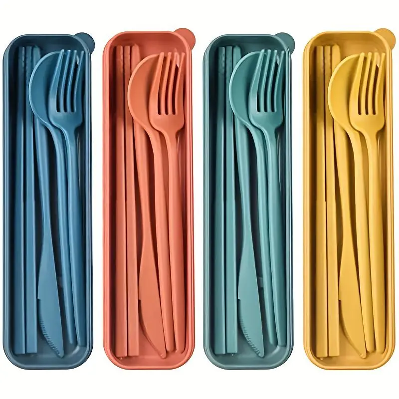 1 set of very practical 4-piece reusable travel cutlery set with storage box - suitable for any occasion! Convenient to carry