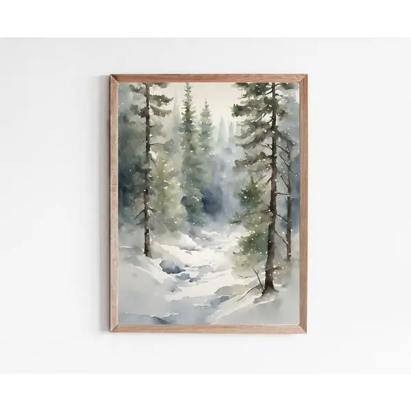Winter Forest Road Snow Landscape Vintage Art Poster - Christmas Decor Large Wall Print
